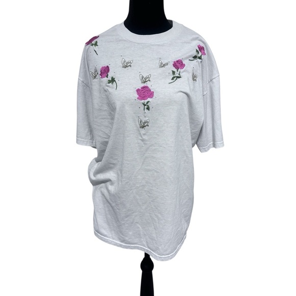 Jerzees White Tee with Pink Floral and Butterfly Design - Picture 1 of 5